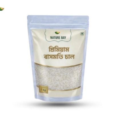 A 1kg stand-up pouch of Nature Bay Premium Basmati Rice with a transparent window showing long-grain white rice.