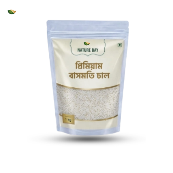 Nature-Bay-Basmoti-Biriyani-Chal.webp A 1kg stand-up pouch of Nature Bay Premium Basmati Rice with a transparent window showing long-grain white rice.